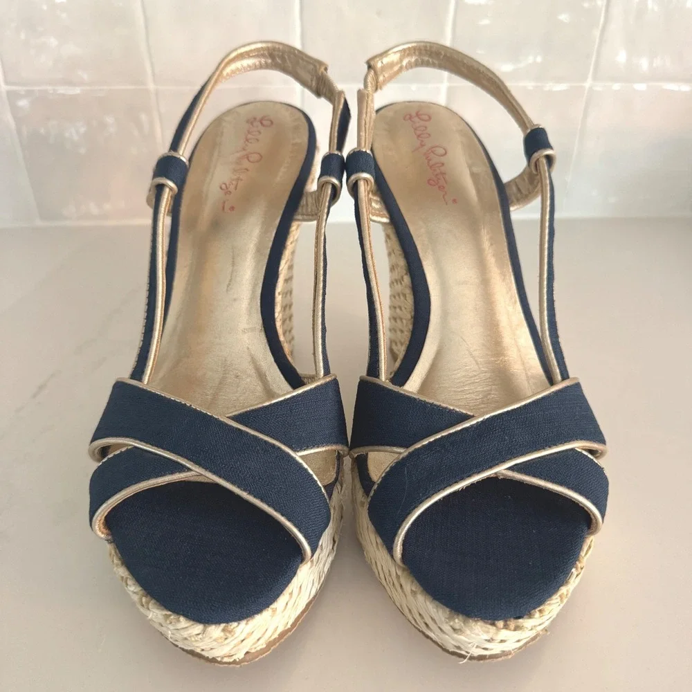 Lilly Pulitzer Ashley Wedge Sandal Women 9 Navy Gold Espadrille Platform Canvas